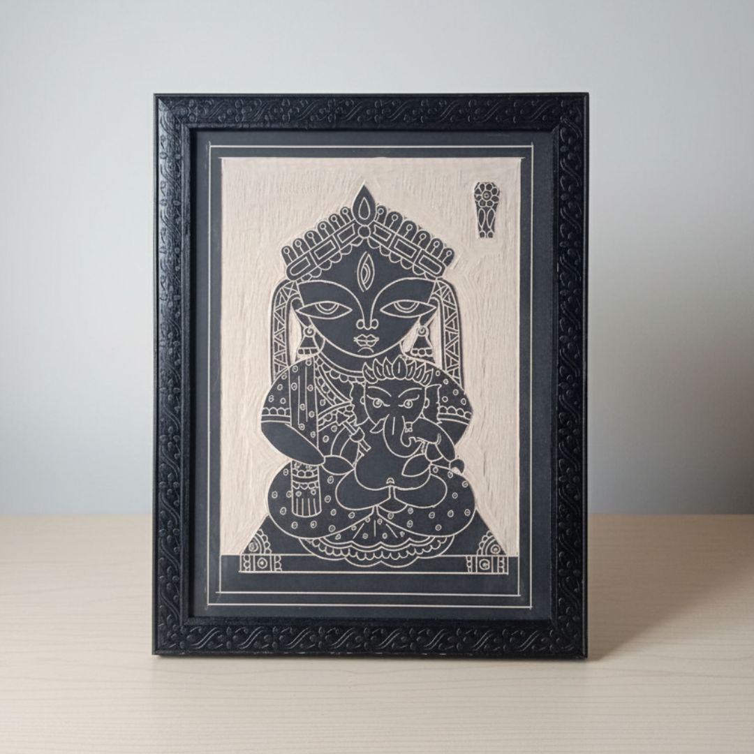 Divine Motherhood – Parvati and Ganesha Ceramic Etched Tile Art